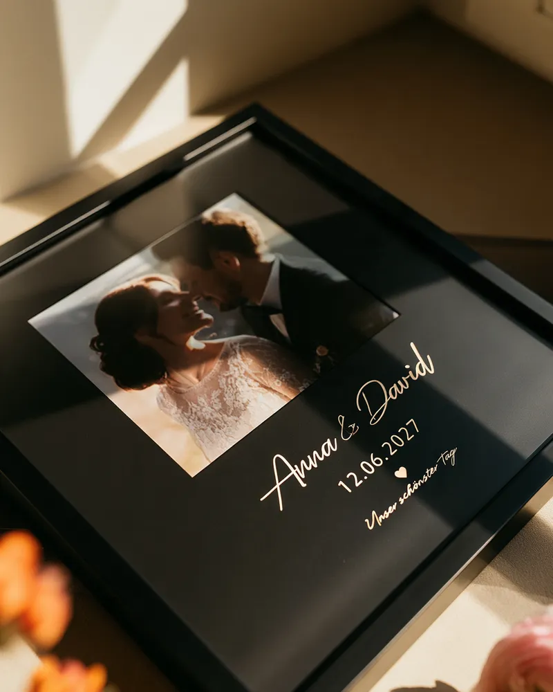 Schwarzer Bilderrahmen mit Foto des Brautpaars, darunter Namen, Datum und „Unser schönster Tag“ in Roségold – personalisiertes Hochzeitsgeschenk