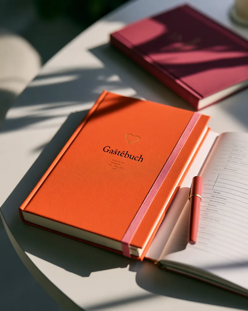 Orangefarbenes Gästebuch zur Hochzeit mit goldenem Herz und rosa Gummiband, daneben aufgeschlagene Seiten mit Stift für Glückwünsche