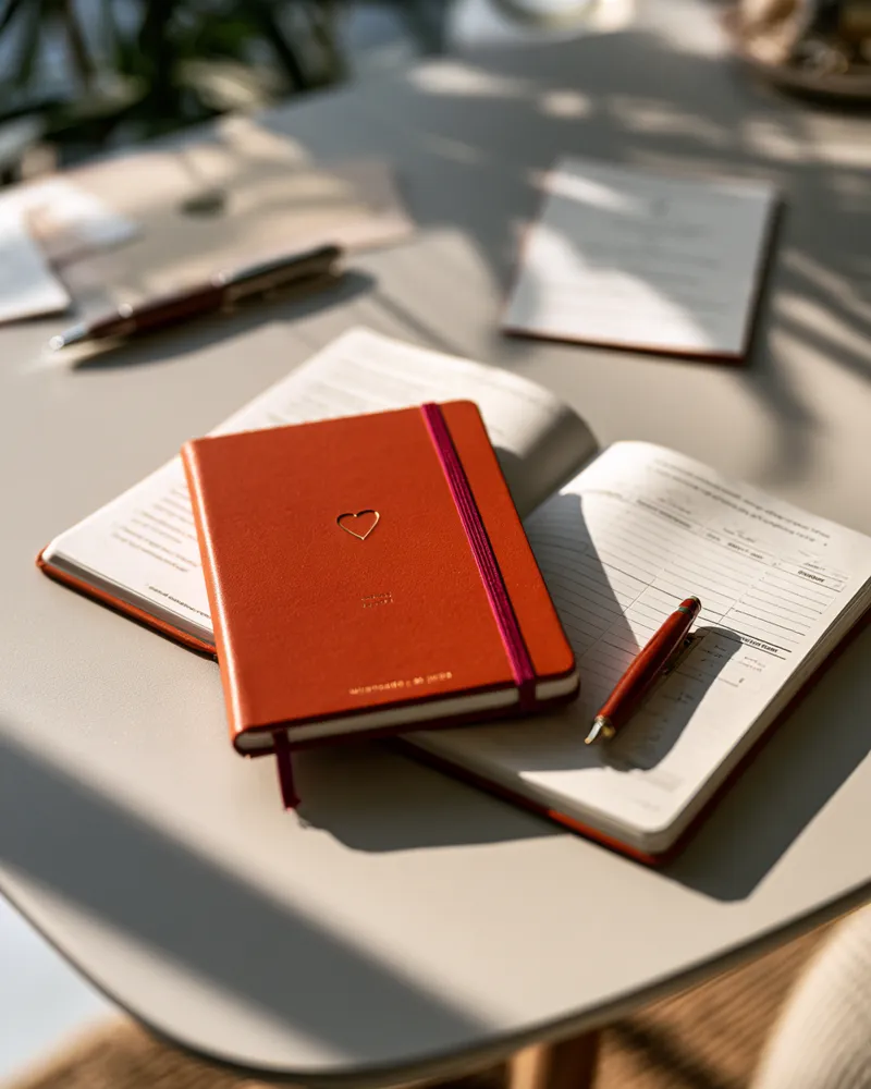 Orangefarbener Hochzeitsplaner mit Herzprägung auf aufgeschlagenem Kalender mit Checklisten, um die Hochzeit zu planen und zu organisieren