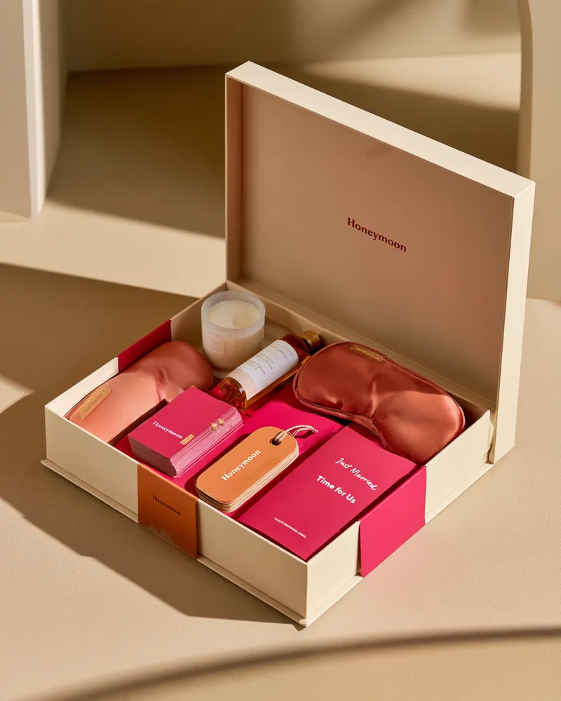 Geöffnete Honeymoon-Box mit Seidenschlafmasken, Duftkerze, Pflegeöl und „Just Married“-Karte – Geschenkset für die Flitterwochen