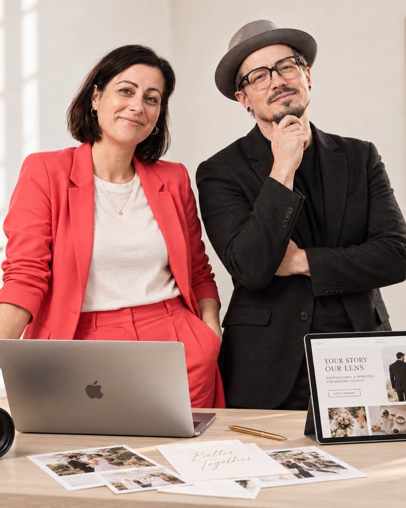 Das Team am Arbeitsplatz mit Kamera, Laptop und einer Hochzeitswebseite auf dem Tablet (KI-generiert)