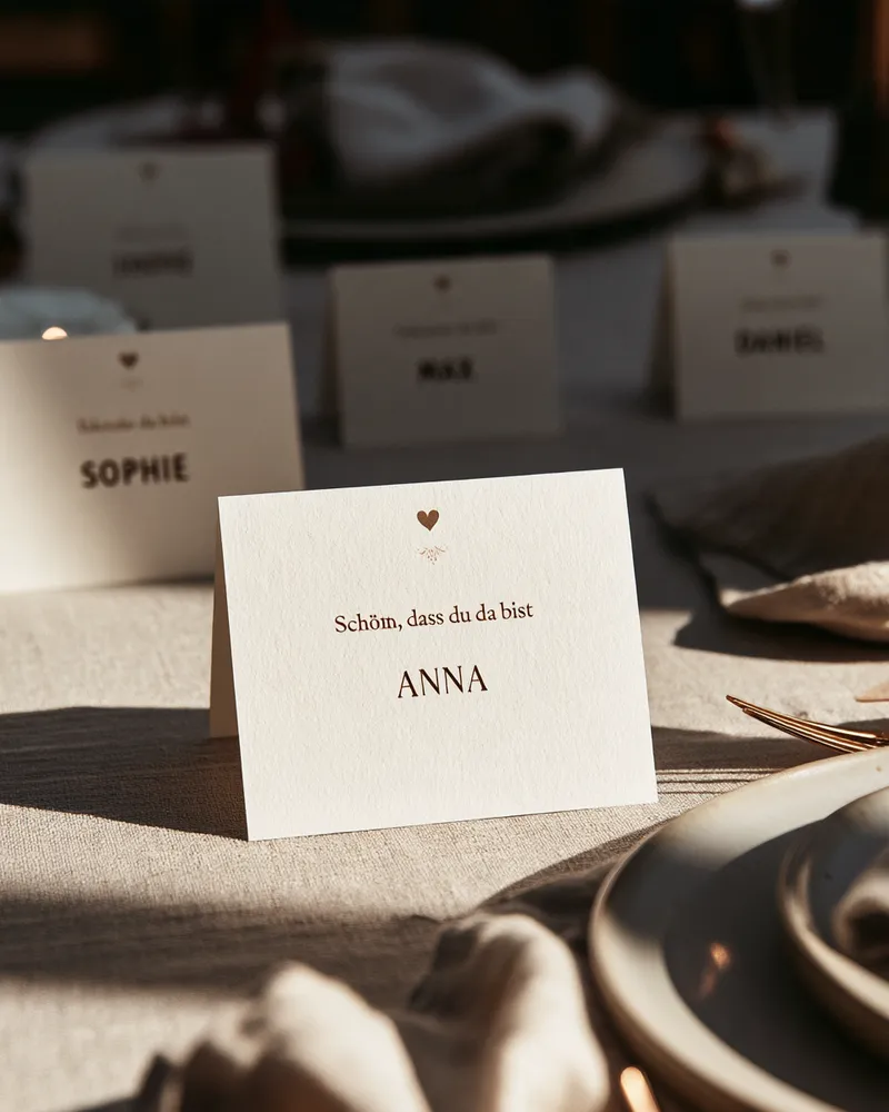 Personalisierte Platzkarten mit Gästenamen und Herz in Kupferprägung auf einer gedeckten Hochzeitstafel mit Leinenservietten und Tellern